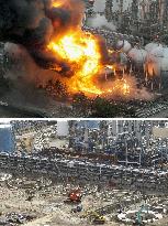 Oil refinery soon after quake, now