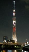 Tokyo Sky Tree lit up in five colors