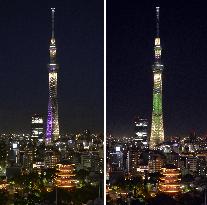Tokyo Skytree lit up for 1st anniv.