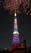 Tokyo Tower illuminated in Olympic colors