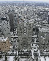 Aerial view of snowy Tokyo