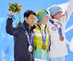 Japan's Nordic combined runner-up Watabe smiles on podium