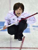 Japan's Ogasawara shouts out instructions in curling event
