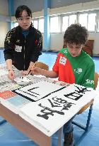 Japanese student teaches calligraphy to Russian boy in Sochi