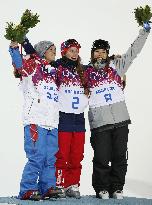 Women's ski halfpipe medalists celebrate on podium