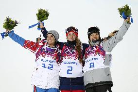 Women's ski halfpipe medalists celebrate on podium