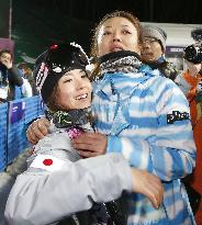 Onozuka hugs mother after winning bronze in halfpipe