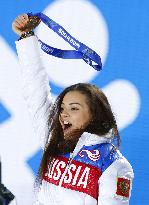 Russian figure skating gold medalist Sotnikova celebrates