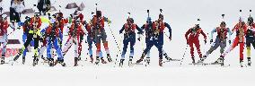 Female biathlon athletes start race at Sochi