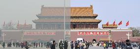Smoggy, clear views of Tiananmen Gate in Beijing