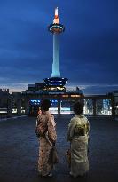 Kyoto Tower lit blue for World Autism Awareness Day