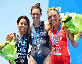 Triathlon medalists celebrate at Yokohama ceremony