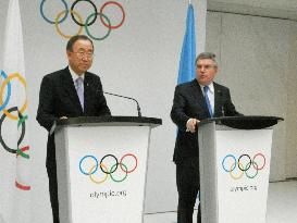 IOC head Bach, U.N. chief Ban meet press in Lausanne