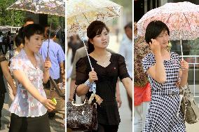 Women with colorful parasols in Pyongyang