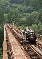 Tram runs on iron bridge in southwestern Japan