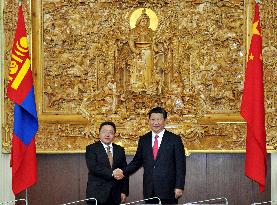 Chinese, Mongolian leaders shake hands before talks