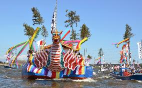 Colorful boats sail in Kashima Shrine's festival