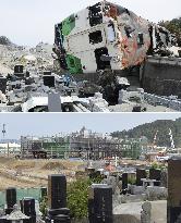 Contrast of cemetery before and after 2011 quake