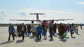 Civil airplane arrives at new airport on Etorofu Island