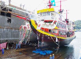 Launch ceremony for electric boat for tours off Sasebo