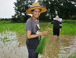 Young Thai woman smiles while working in paddy field