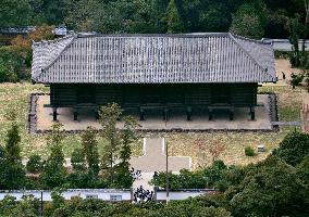 Whole view of repaired Shosoin treasure house in Nara