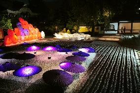 Umbrella artwork adorns Kyoto temple garden in illumination