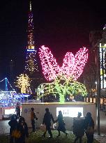 People walk in illuminated Odori Park in Sapporo