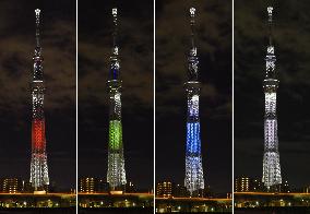 Tokyo Skytree lit up in 4 colors