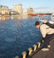 Man looks at pancake ice on Kushiro River in Hokkaido