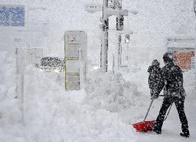 Resident in northern Japan plows pathway snow
