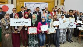 Prize winners, judges pose after Japanese speech contest in Cairo