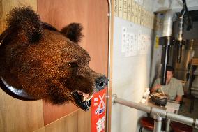 Stuffed bear head hangs on wall at Tokyo game meat restaurant