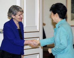 S. Korean President Park greets UNESCO head Bokova