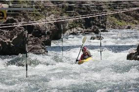 Canoe race on rapid-stream river in western Japan