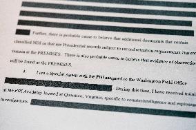 U.S.-WASHINGTON, D.C.-REDACTED VERSION-AFFIDAVIT-SEARCH WARRANT-TRUMP'S MAR-A-LAGO ESTATE-RELEASED