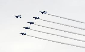 Blue Impulse aerobatic team flies in northeastern Japan