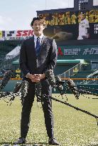 Athletics pitcher Fujinami meets press at Koshien Stadium