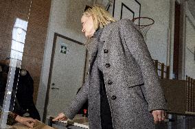 Chairperson of The Finns Party Riikka Purra voting during parliamentary elections