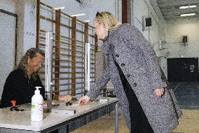 Chairperson of The Finns Party Riikka Purra voting during parliamentary elections