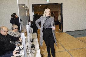 Chairperson of The Finns Party Riikka Purra voting during parliamentary elections