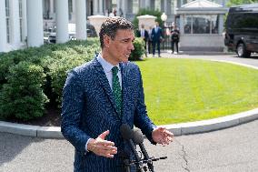 President Pedro Sanchez Perez-Castejon of the Government of Spain speaks to reporters after meeting with President Joe Biden