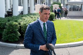 President Pedro Sanchez Perez-Castejon of the Government of Spain speaks to reporters after meeting with President Joe Biden