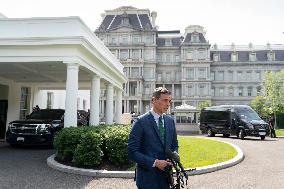 President Pedro Sanchez Perez-Castejon of the Government of Spain speaks to reporters after meeting with President Joe Biden