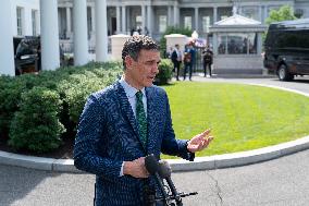 President Pedro Sanchez Perez-Castejon of the Government of Spain speaks to reporters after meeting with President Joe Biden