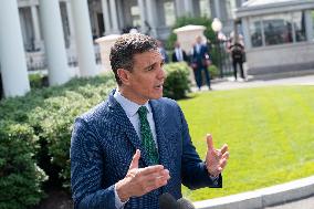 President Pedro Sanchez Perez-Castejon of the Government of Spain speaks to reporters after meeting with President Joe Biden