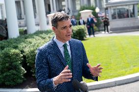 President Pedro Sanchez Perez-Castejon of the Government of Spain speaks to reporters after meeting with President Joe Biden