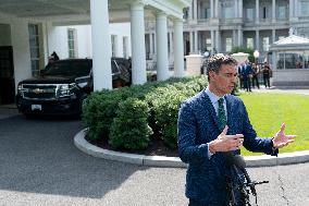 President Pedro Sanchez Perez-Castejon of the Government of Spain speaks to reporters after meeting with President Joe Biden