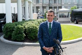 President Pedro Sanchez Perez-Castejon of the Government of Spain speaks to reporters after meeting with President Joe Biden