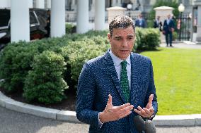 President Pedro Sanchez Perez-Castejon of the Government of Spain speaks to reporters after meeting with President Joe Biden